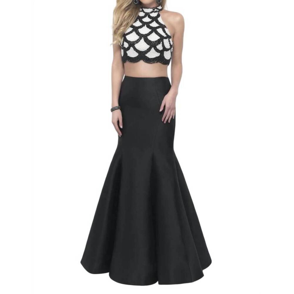 NEW BLUSH PROM beaded scallop two piece prom dress in black/ivory
